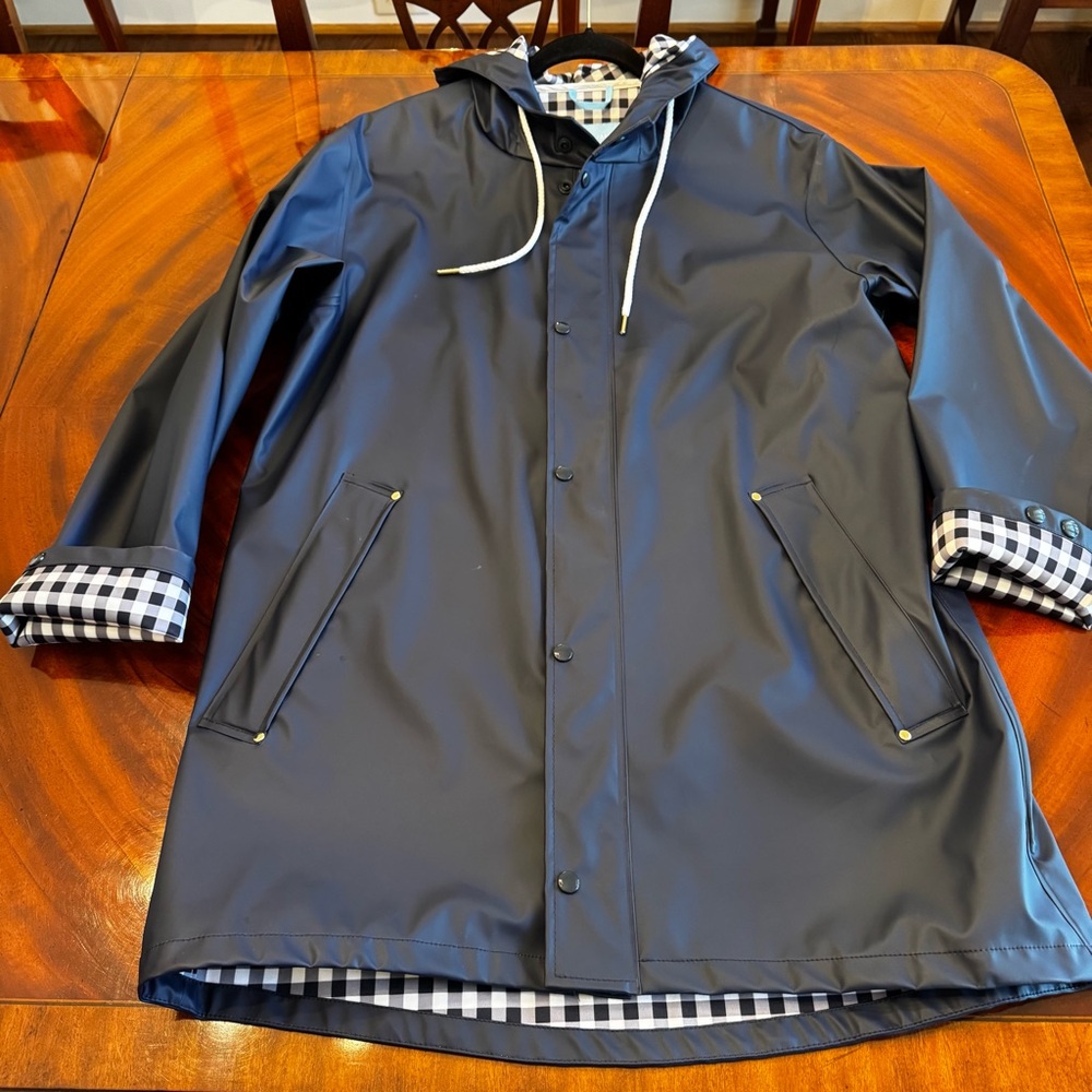 NWT Draper James Raincheck Waterproof Hooded Rain Jacket Navy Gingham M - Picture 9 of 13